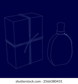 Box with a bow on top of it and a bottle of perfume. The box is blue and the perfume bottle is clear