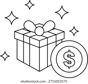 Eine Kiste mit einer Schleife oben und einem Dollarzeichen unten. Das Bild soll die Idee eines Geschenks und den Wert des Geldes vermitteln