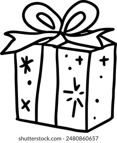 A box with a bow on top of it. The box is decorated with polka dots. The image is a simple drawing of a gift box