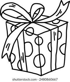 A box with a bow on top of it. The box is decorated with polka dots. The image is a simple drawing of a gift box