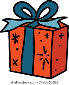 A box with a bow on top of it. The box is decorated with polka dots. The image is a simple drawing of a gift box