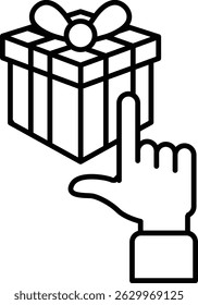 A box with a bow on top of it. A hand pointing to the box