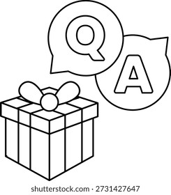 Una caja con un lazo en la parte superior y un signo de interrogación y una A en la parte inferior. La caja es un regalo y el signo de interrogación y A son símbolos para preguntar y responder
