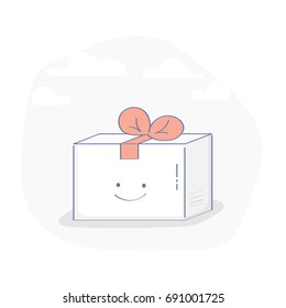 Box with a bow, the parcel is ready for delivery. Flat line cute illustration concept of the package ready for shipment, surprise, present. Design UX UI element for web and mobile.