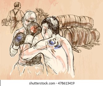 BOX. Boxing match in the pub. Freehand sketching, line drawing. A hand drawn vector illustration. Colored background is isolated. Line art technique. Colored. Vector is easy editable.