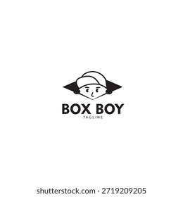 El logotipo de BOX BOY tiene la forma de la cabeza de un hombre que lleva un sombrero, asomándose desde el interior de esta caja. La caja simboliza los paquetes y la entrega. El sombrero le da un toque profesional. Este logotipo es adecuado para una marca de entrega moderna, confiable y memorable.