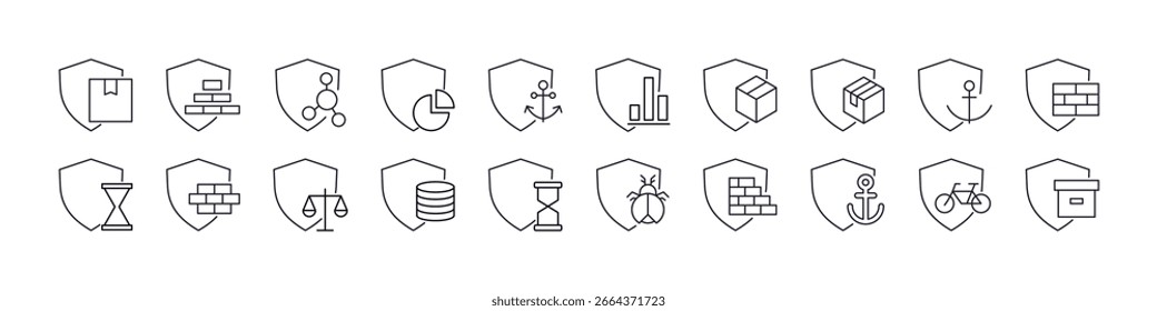 Box, Brick Wall, Anchor by Shield Line Icon Set. Umrissschilder für Grafik- und Webdesign, Apps, Werbung, verschiedene Karten