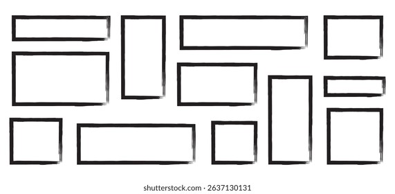 Box brush frame rough shape set. Text box frame rough grunge square paint shape element. Hand drawn crayon grunge brush rectangle text border. Vector illustration