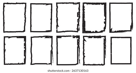 Box brush frame rough shape set. Text box frame rough grunge square paint shape element. Hand drawn crayon grunge brush rectangle text border. Vector illustration