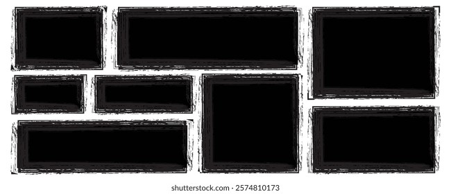 Box brush frame shape set. Text box frame rough grunge square paint shape element. Hand drawn crayon grunge brush rectangle text border. Vector illustration