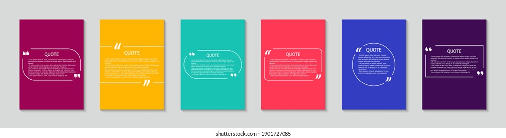 Box with bubble and quote. Design of square template for citation, talk, speech. Frames with text on colors background. Set of graphic forms for feedback, quotation, textbox. Creative dialog. Vector.