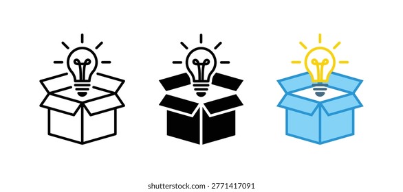 Box bulb idea icon. Think out of the box idea icon. Creative idea and innovation icon set with a light bulb out of the box symbol. Lightbulb coming out of an open box icon