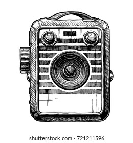 Box camera. Vector hand drawn sketch of retro photocamera in vintage engraved style on white background.