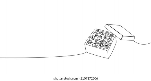 Box of candies continuous line drawing. One line art of decoration, sweets, cupcakes, muffin, chocolate, gift, romance, March 8, birthday, valentine s day, relationship, love.