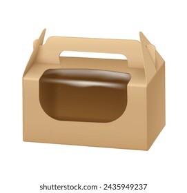 Box of cardboard with plastic window and handle realistic vector illustration. Food products delivery package 3d object on white background