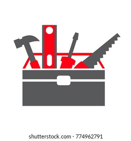 Box with carpentry tools on white