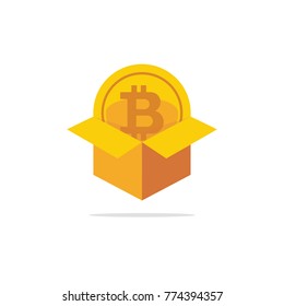 Box carton with bitcoin isolated icon. Vector flat illustration.