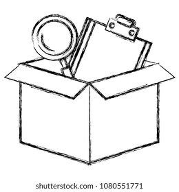 box carton with checklist and magnifying