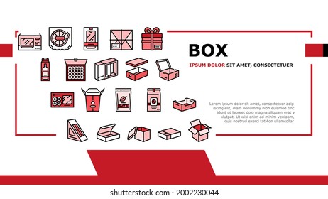 Box Carton Container Landing Header Vector. Sushi Delivering And Pizza, Box For Tea And Coffee, Mobile Phone And Tv Plazma Illustration