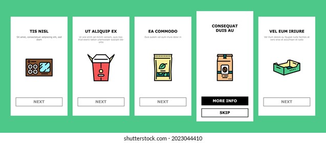 Box Carton Container Onboarding Mobile App Page Screen Vector. Sushi Delivering And Pizza, Box For Tea And Coffee, Mobile Phone And Tv Plazma Illustrations