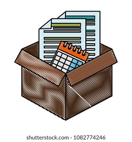box carton with documents and calendar