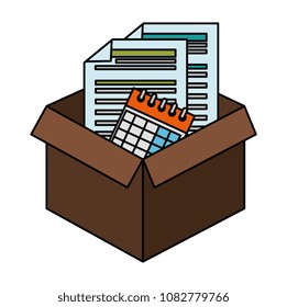box carton with documents and calendar