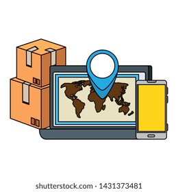box carton with laptop and smartphone delivery service