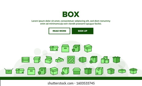 Box Carton Package Landing Web Page Header Banner Template Vector. Wooden And Cardboard, Opened And Closed Box, Object For Storage And Delivery Illustration