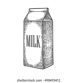 Box carton package. Lettered text MILK. Vector engraving vintage black illustration. Isolated on white background.
