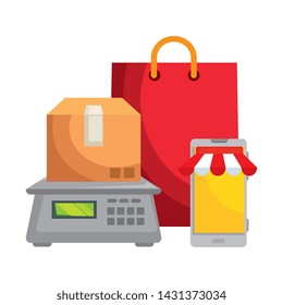 box carton packing with digital balance and shopping bag