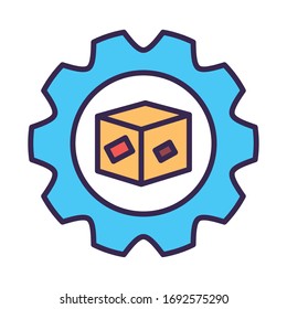 box carton packing in gear line and fill style vector illustration design