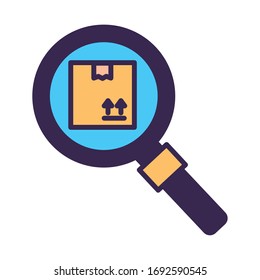 box carton packing in magnifying glass line and fill vector illustration design
