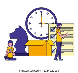 box carton with people and objects
