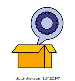 box carton and speech bubble with gear machine