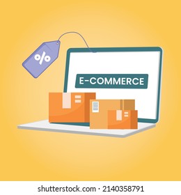 Box cartons with on a laptop keyboard and sale discount. Online shopping, ecommerce and delivery service concept vector illustration.