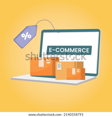 Box cartons with on a laptop keyboard and sale discount. Online shopping, ecommerce and delivery service concept vector illustration.
