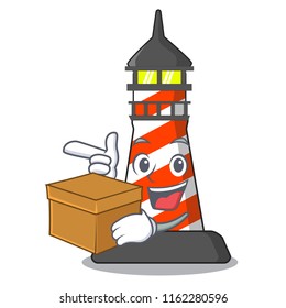 With box cartoon realistic red lighthouse building