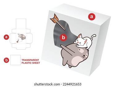 Box with cat and bear cartoon and heart window die cut template and 3D mockup