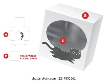 Box with cat cartoon and ellipse window die cut template and 3D mockup