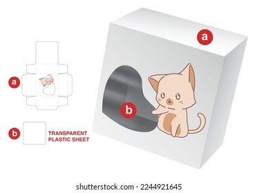 Box with cat cartoon and heart window die cut template and 3D mockup