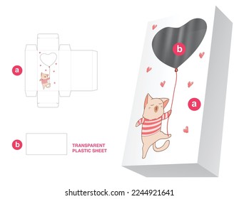 Box with cat and heart balloon window and transparent plastic sheet die cut template