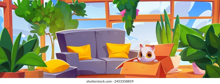 Box with cat in living room interior with window design. Modern home lounge furniture and plant in pot. Adopt cute animal indoor cozy furnished livingroom. Homey funny character inside package