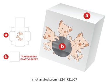 Box with cats cartoon and circle window die cut template and 3D mockup