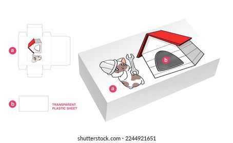 Box with cats cartoon and window and transparent plastic sheet die cut template