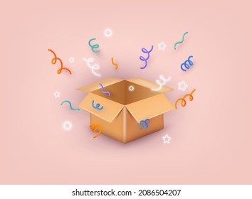 Caja con confeti de celebración volando por ahí. Concepto de ganador. Ilustraciones de vectores Web 3D.