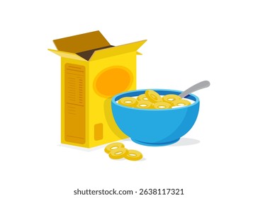 Box of cereal and a bowl of cereal with milk. Cereal ring cornflakes product. Vector illustration stock Illustration