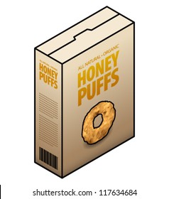 A box of cereal - honey puffs.