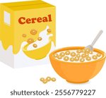 Box of cereal packaging and bowl of breakfast cereal and milk spilling on the table. Cereal ring cornflakes product and milk splashes. Vector illustration