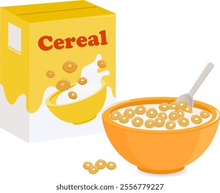 Box of cereal packaging and bowl of breakfast cereal and milk spilling on the table. Cereal ring cornflakes product and milk splashes. Vector illustration