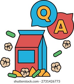 A box of cereal with a Q and A on it. The cereal is surrounded by a cloud of popcorn